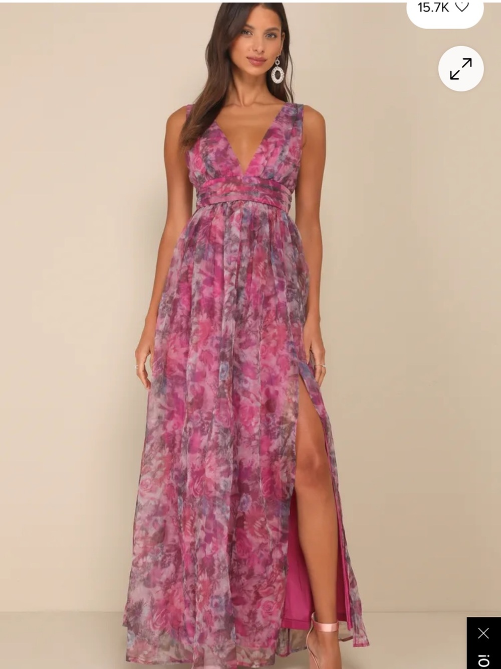 Lulu's Pink Floral V-Neck Maxi Dress with Side Slit